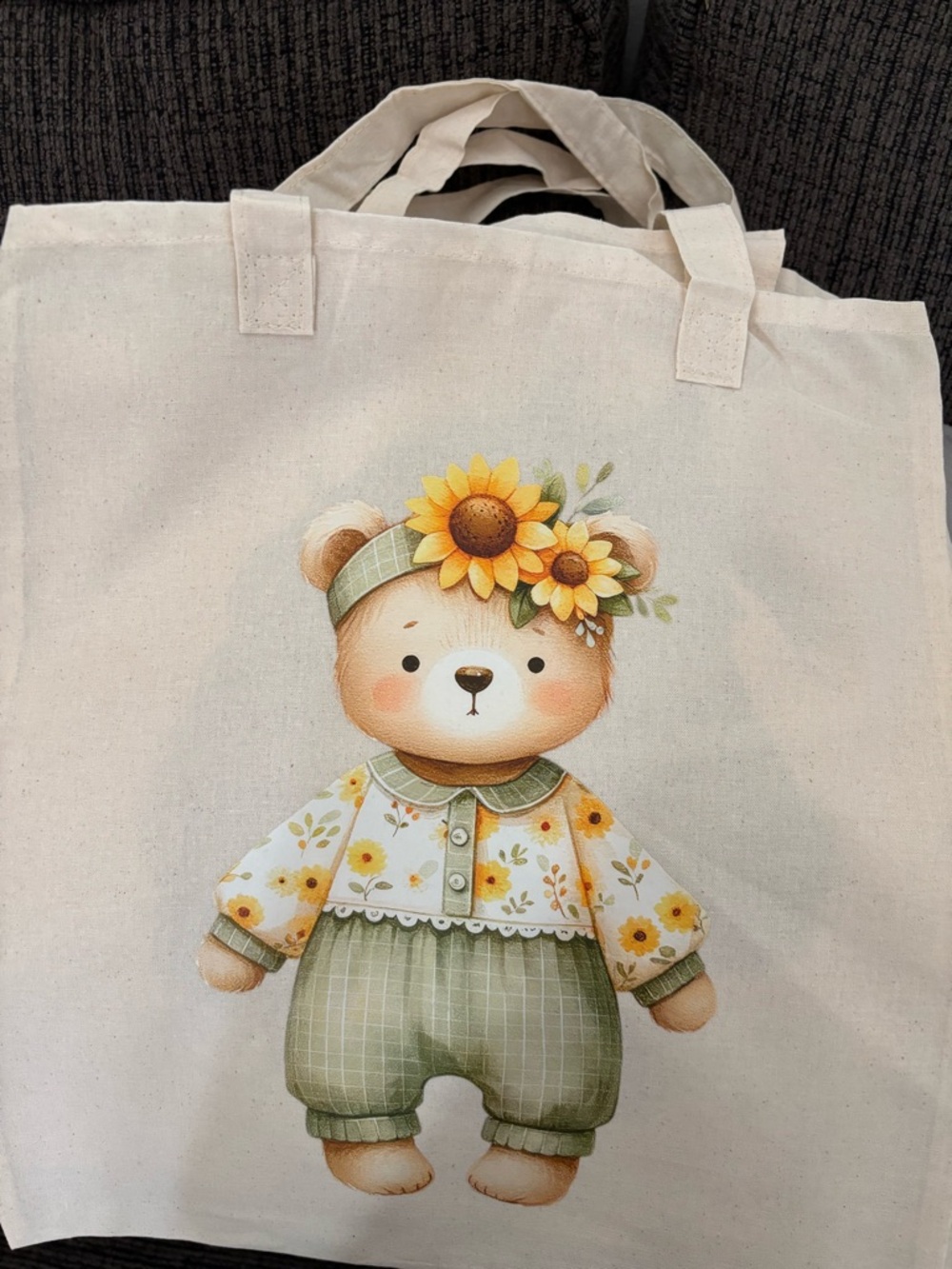 Cute Bear Sunflower Tote Bag - Neutral Canvas